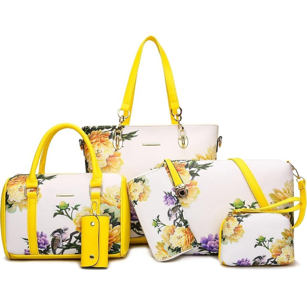 Ⓜ️Women's Yellow Floral Faux Leather Satchel Shoulder and Hand 6Pcs Purse Sets